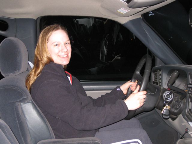 My first driving lesson at 11:15 p.m. I was cruising around the empty high school parking lot at all of 2 1/2 miles per hour. My next goal: to use the gas pedal.  : ) 